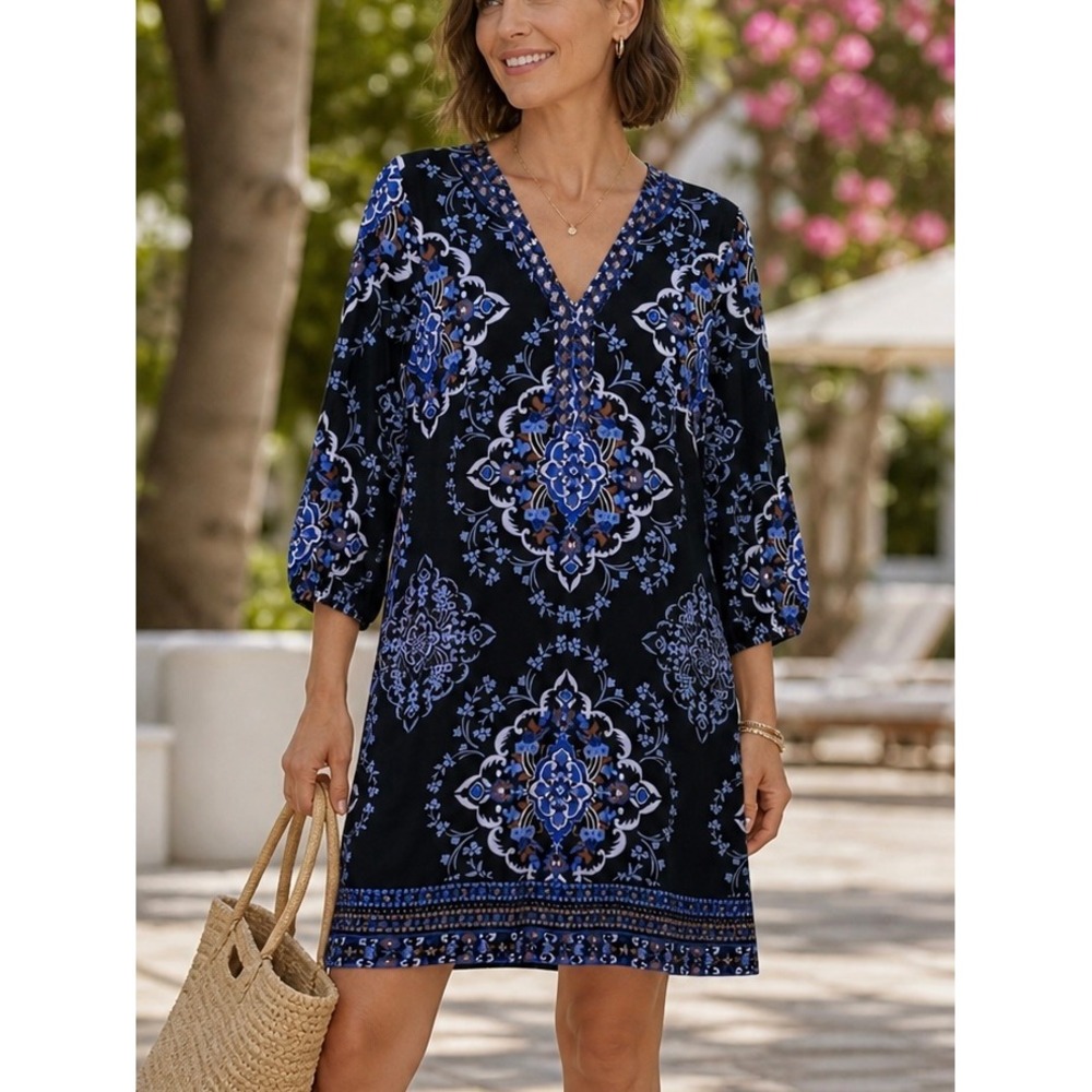 Soft Surroundings Women Shift Dress Blue Medium Beaded Boho‎ Coastal Casual